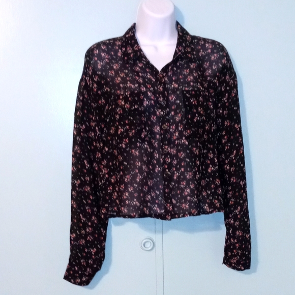 Wild Fable Button Up‎ Sheer Blouse Black Pink Floral Size Medium - Picture 1 of 8
